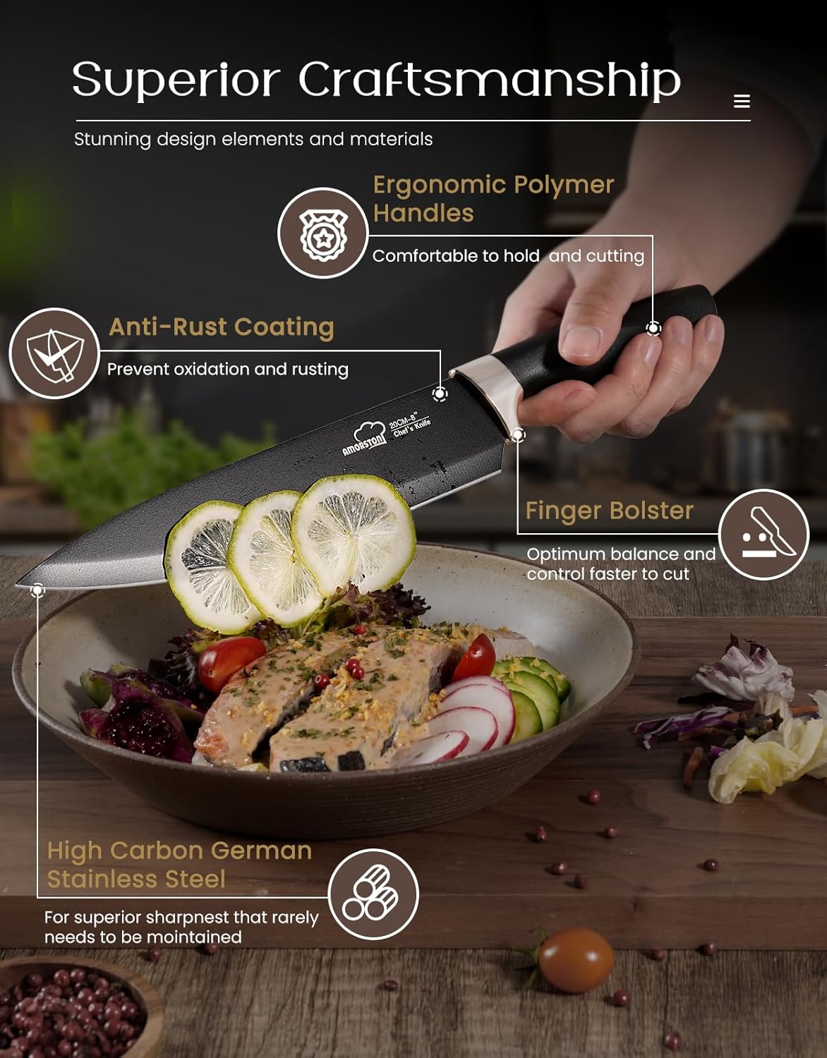 Knife Set, Amorston 15 Pieces Knife Sets for Kitchen with Block, Dishwasher Safe Kitchen Knife Set with Built in Sharpener Block, German Stainless Steel Knife Block Set, Black