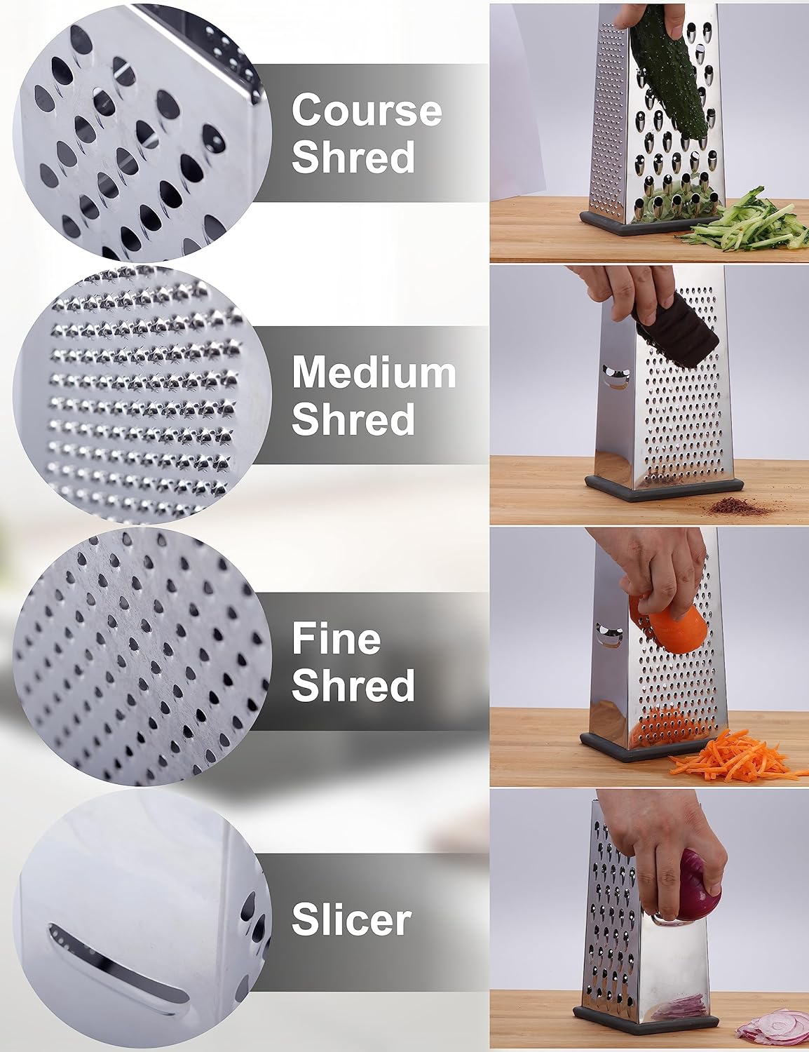 Kaishun Cheese Grater, Box Grater for Cheese Stainless steel Vegetable Slicer Food Shredder 4-sided Convenience for kitchen