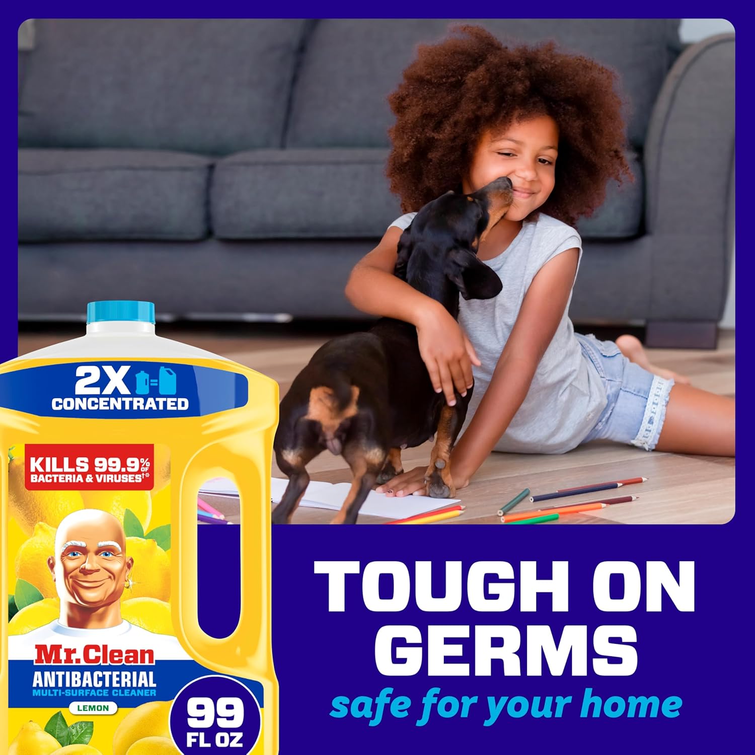 Mr. Clean Antibacterial All Purpose Cleaner, Floor Cleaner for Mopping Home, Bathroom, & Kitchen, Cleaning Liquid for Mop & Bucket, Cleaning Supplies, Multi-Surface Dilutable, Lemon, 99oz