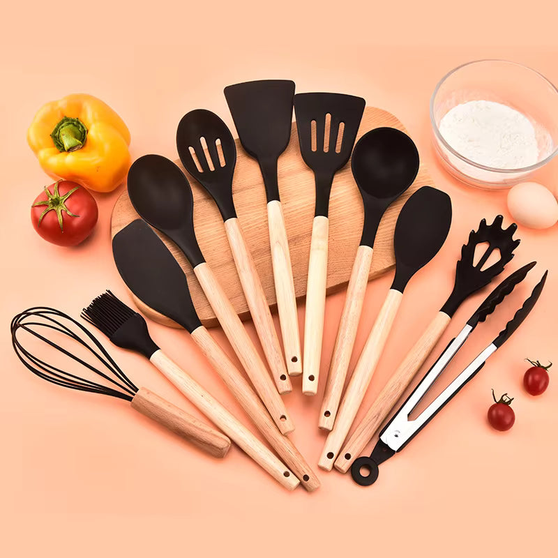 12PCS Silicone Non-Kitchenware Stick Cookware Kitchen Utensils Set Spatula Shovel Egg Beaters Wooden Handle Cooking Tool Set