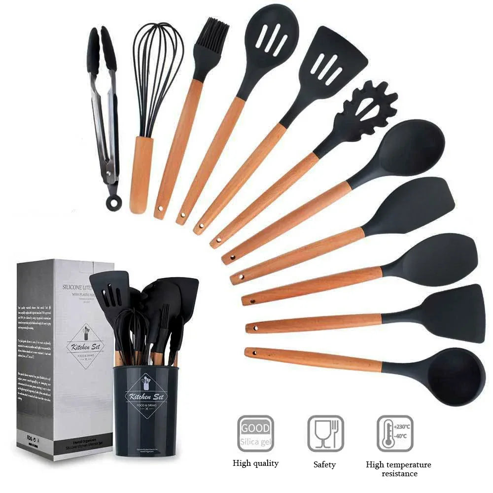 12PCS Silicone Non-Kitchenware Stick Cookware Kitchen Utensils Set Spatula Shovel Egg Beaters Wooden Handle Cooking Tool Set