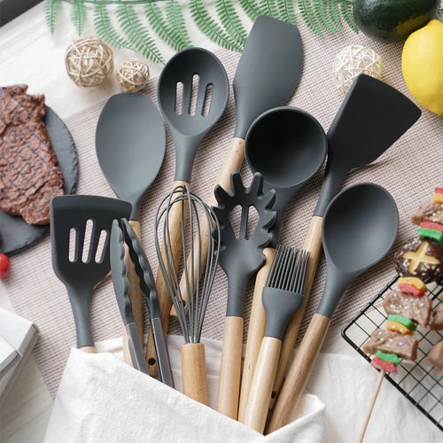 12PCS Silicone Non-Kitchenware Stick Cookware Kitchen Utensils Set Spatula Shovel Egg Beaters Wooden Handle Cooking Tool Set