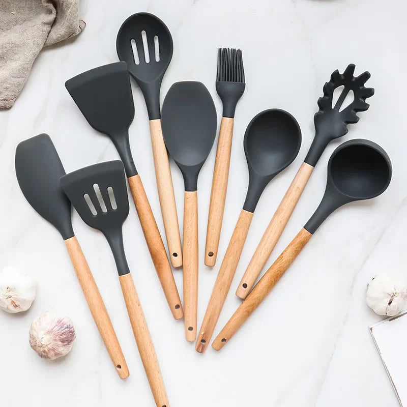 12PCS Silicone Non-Kitchenware Stick Cookware Kitchen Utensils Set Spatula Shovel Egg Beaters Wooden Handle Cooking Tool Set